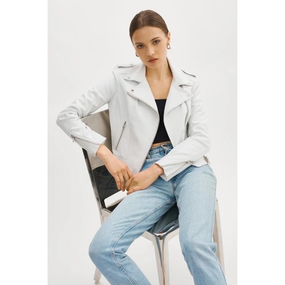 LAMARQUE Donna Iconic Leather Biker Moto Jacket In White Casual sz XS